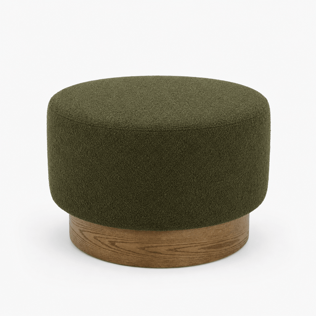 Petra Ottoman in moss green boucle front view - round drum ottoman by Rowe - What's New Furniture Portland OR