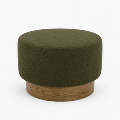Petra Ottoman in moss green boucle front view - round drum ottoman by Rowe - What&