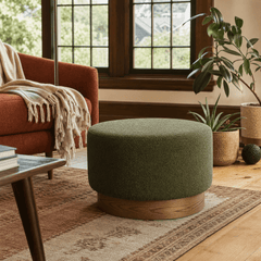 Petra Ottoman in moss green boucle styled in a Portland Craftsman living room - lifestyle - What&