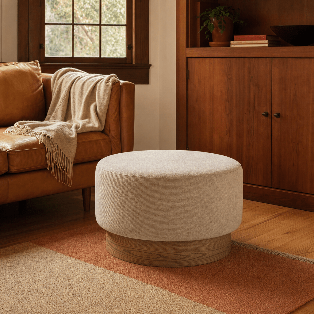 Petra Ottoman in oatmeal woven fabric styled in a Portland living room - lifestyle - What&