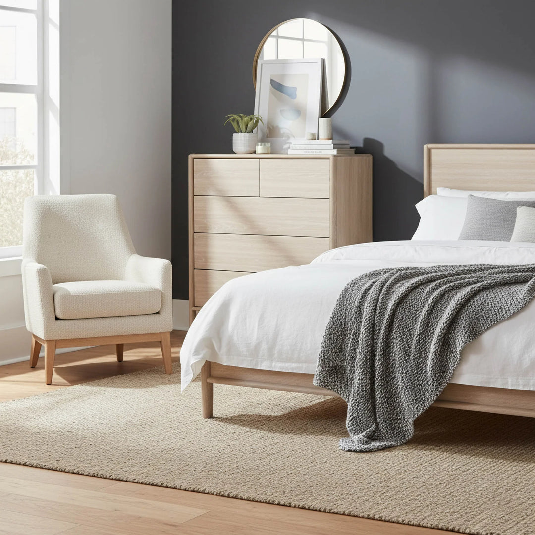Runway 5 Drawer Chest in Light Oak styled room setting - light oak chest by LH Imports - Whats New Furniture Portland OR
