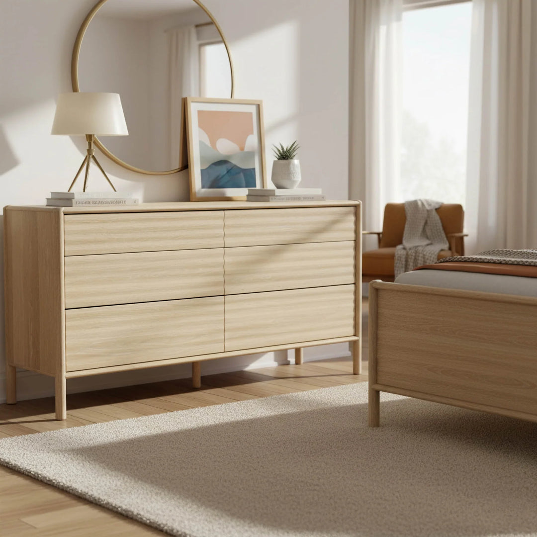 Runway 6 Drawer Dresser in Light Oak room setting - light oak dresser by LH Imports - Whats New Furniture Portland OR