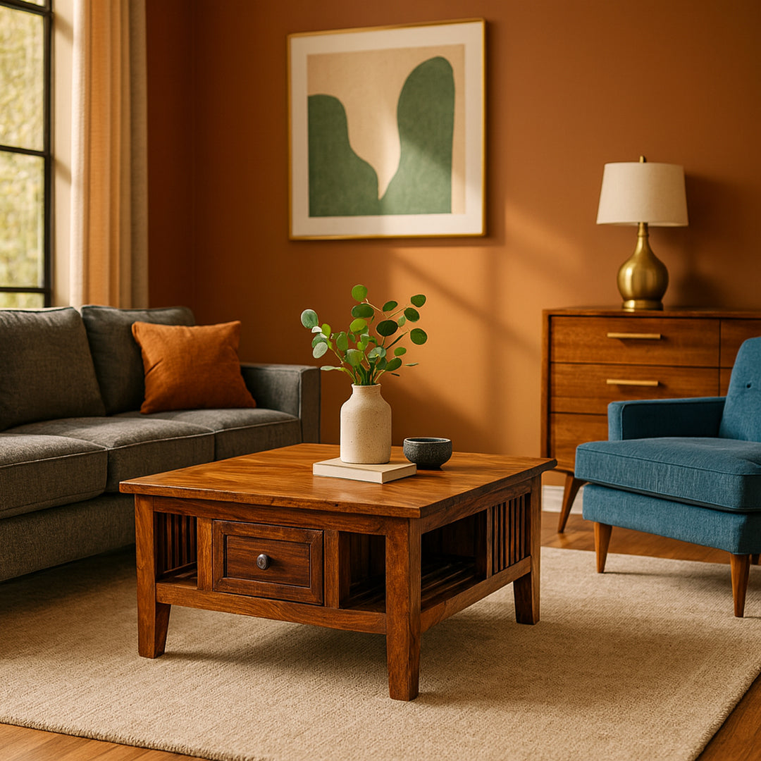 Rustic Wood Coffee Table with Drawer detail view 3 - Whats New Furniture - Portland, Oregon
