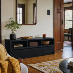 Rutland 59 Inch 3 Drawer Tv Stand Media Console Black styled in Portland Hawthorne Craftsmbungalow living room - What&