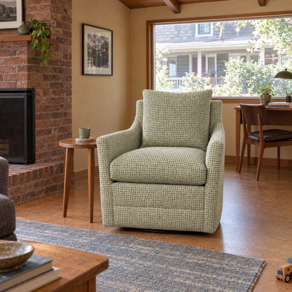Contemporary Swivel Glider Armchair by Rowe in Green styled in a Portland home - Whats New Furniture