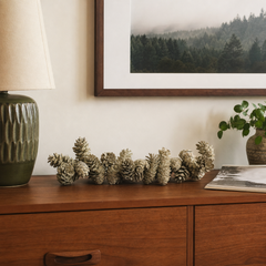 Sage Pinecone Garland styled in a Portland home - faux plants by Kalalou - Whats New Furniture Portland OR