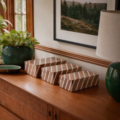 Carved diagonal lines boxes styled on a Portland sideboard - Whats New Furniture