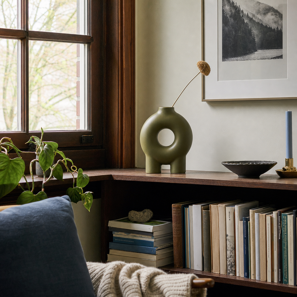 Olive donut footed vase styled on a Portland shelf - Whats New Furniture