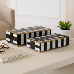 Black and white stripe footed boxes with gold feet set of 2 - Sagebrook Home - Whats New Furniture Portland OR