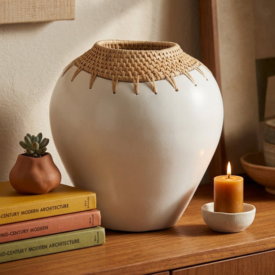 10"h Terracotta Vase, White/Natural - What's New Furniture Portland Oregon