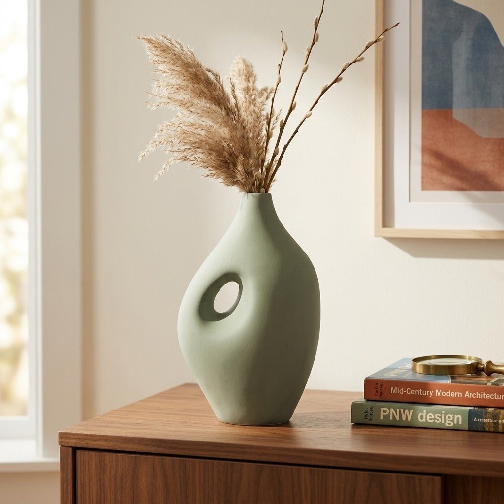 12" Nomadic Handle Vase, Dark Sage - Lifestyle - What's New Furniture Portland Oregon