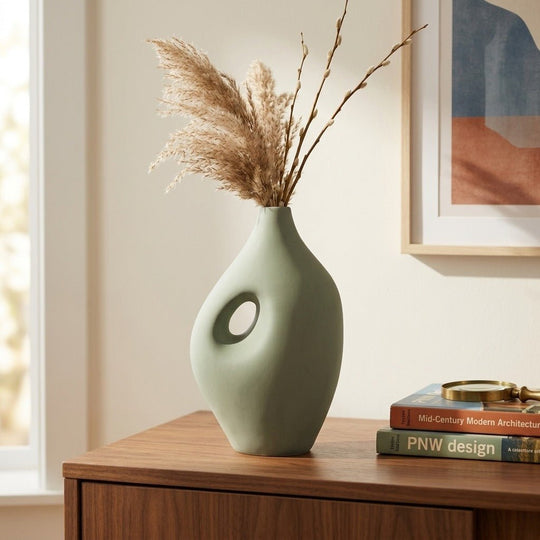 12" Nomadic Handle Vase, Dark Sage - Lifestyle - What's New Furniture Portland Oregon