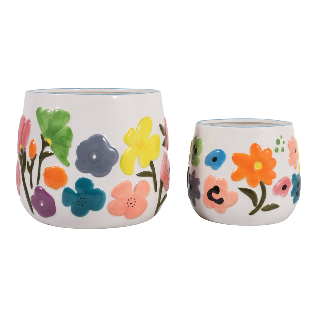 6/8" Floral Embossed Planters, Multi, Set of 2 by Sagebrook Home - detail view 3 - Whats New Furniture Portland OR