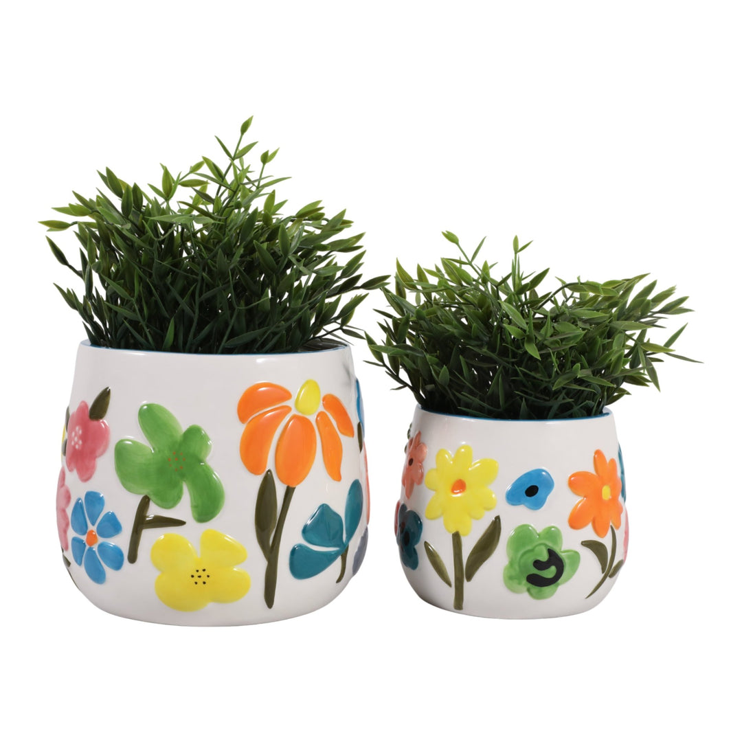 6/8" Floral Embossed Planters, Multi, Set of 2 by Sagebrook Home - detail view - Whats New Furniture Portland OR