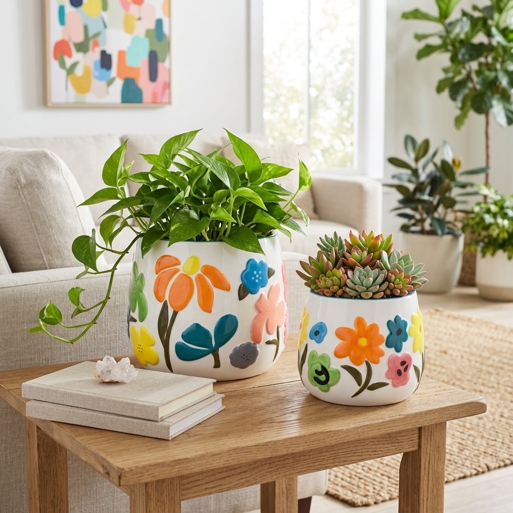 6/8" Floral Embossed Planters, Multi, Set of 2 by Sagebrook Home - styled view - Whats New Furniture Portland OR