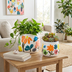 6/8" Floral Embossed Planters, Multi, Set of 2 by Sagebrook Home - styled view - Whats New Furniture Portland OR