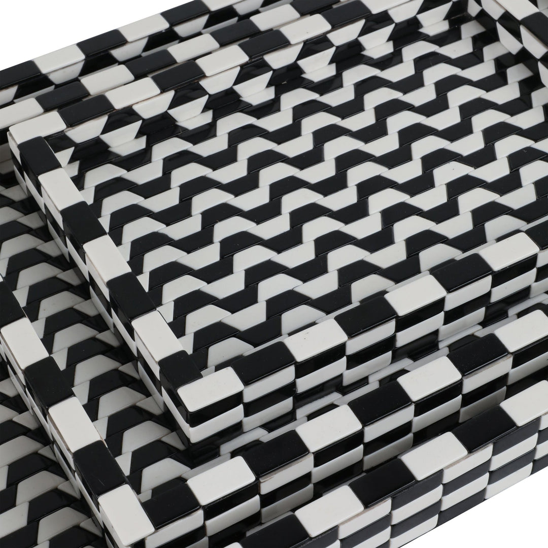 Black &amp; White Geometric Resin Tray in all three sizes wave pattern close up - decorative tray by Sagebrook Home - Whats New Furniture Portland OR