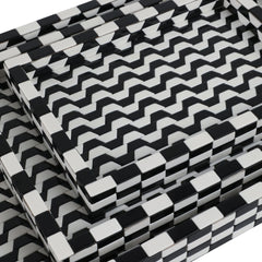 Black &amp; White Geometric Resin Tray in all three sizes wave pattern close up - decorative tray by Sagebrook Home - Whats New Furniture Portland OR