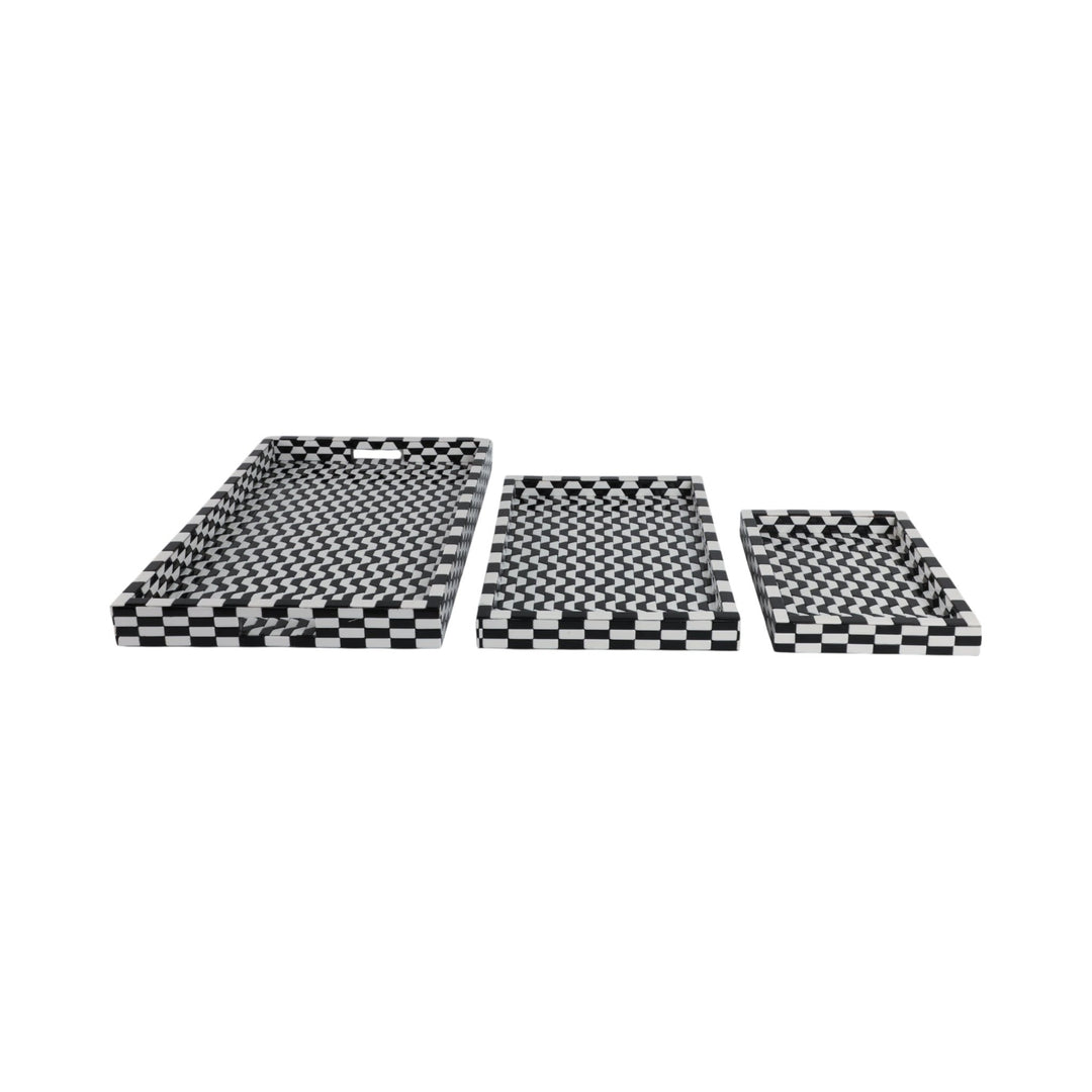 Black &amp; White Geometric Resin Tray in all three sizes three trays side by side - decorative tray by Sagebrook Home - Whats New Furniture Portland OR