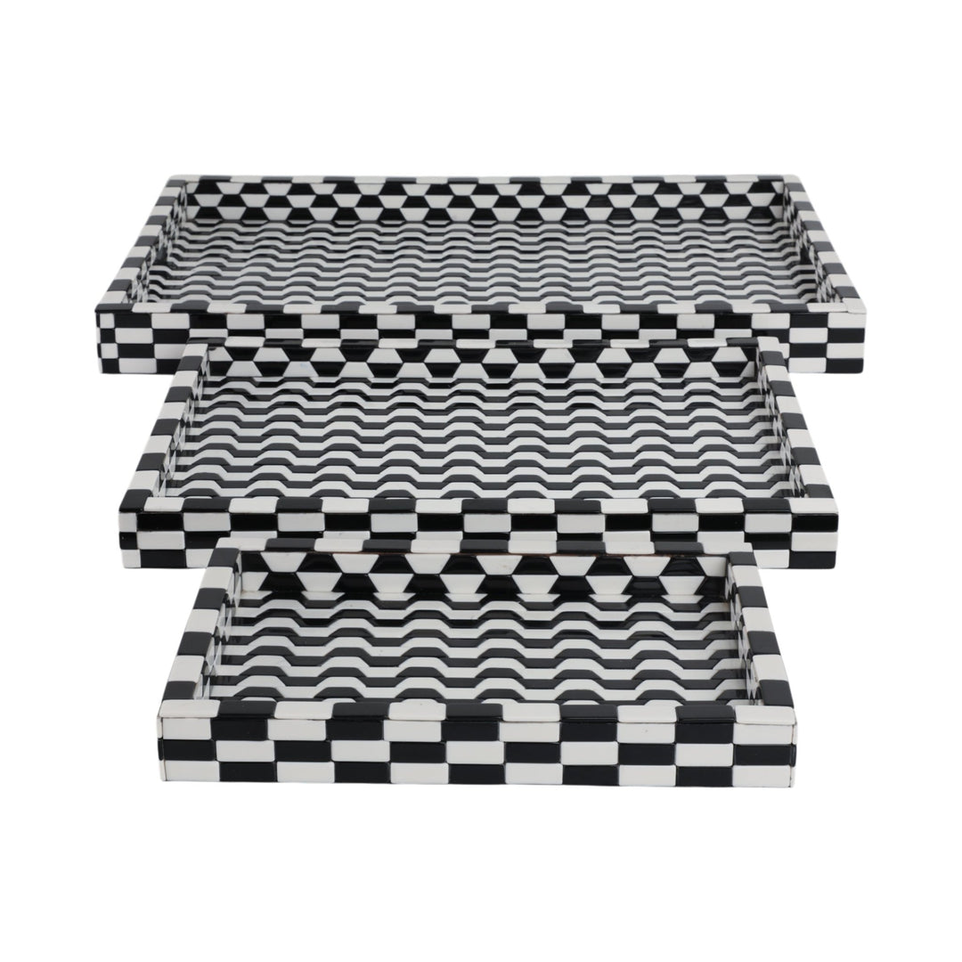 Black &amp; White Geometric Resin Tray in all three sizes three nested trays - decorative tray by Sagebrook Home - Whats New Furniture Portland OR