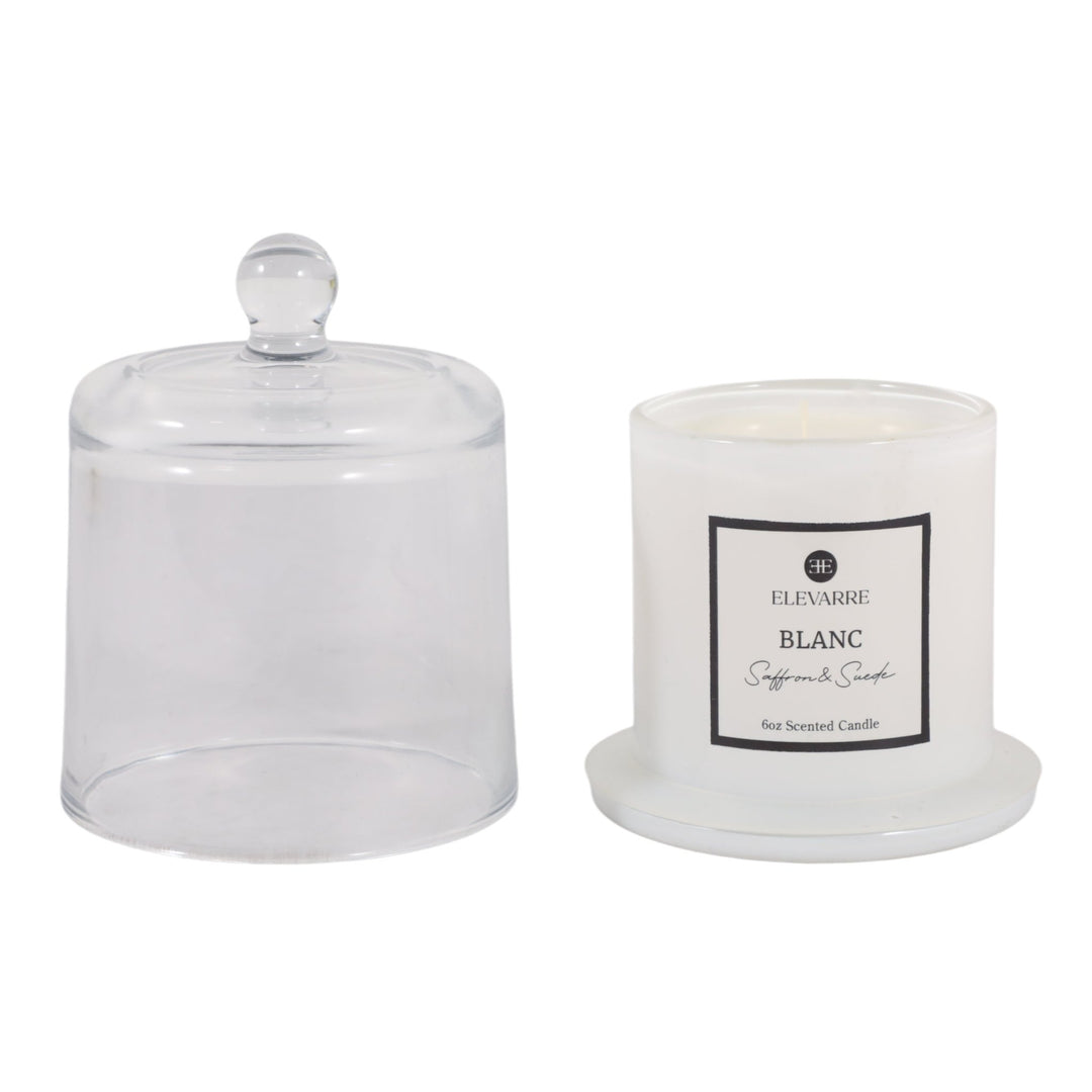 Blanc Saffron &amp; Suede Cloche Candle, 6 oz with the glass cloche lifted off - scented candle by Elevarre by Sagebrook Home - Whats New Furniture Portland OR
