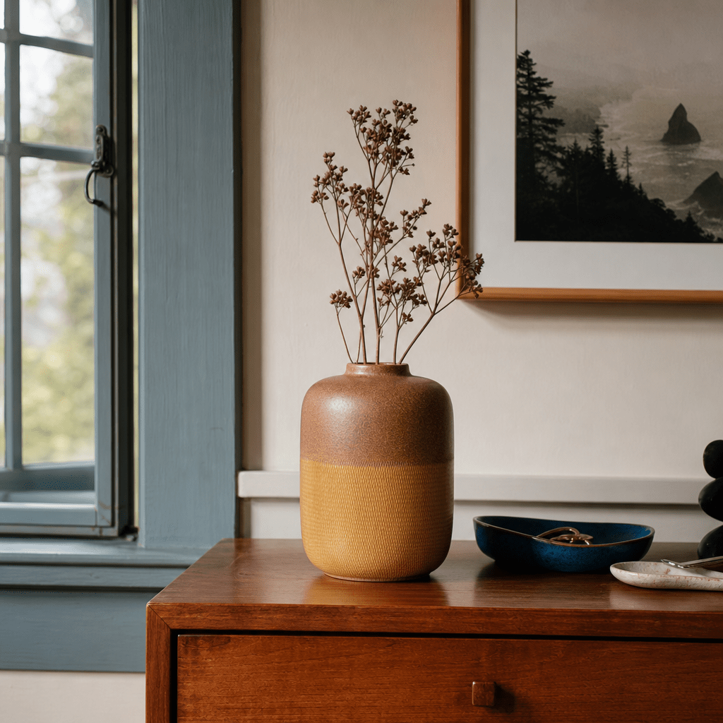 Bregenz amber ceramic vase styled on a Portland console - Whats New Furniture