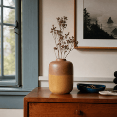 Bregenz amber ceramic vase styled on a Portland console - Whats New Furniture