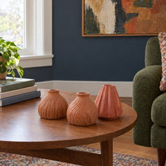 Carved Terracotta Bud Vase 5" styled in a Portland living room - Whats New Furniture