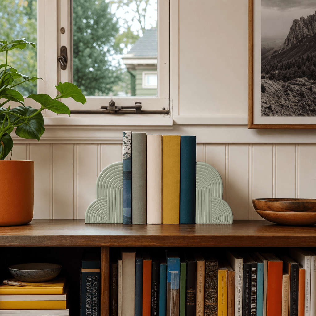Sage green arch bookends styled on a Portland bookshelf - Whats New Furniture