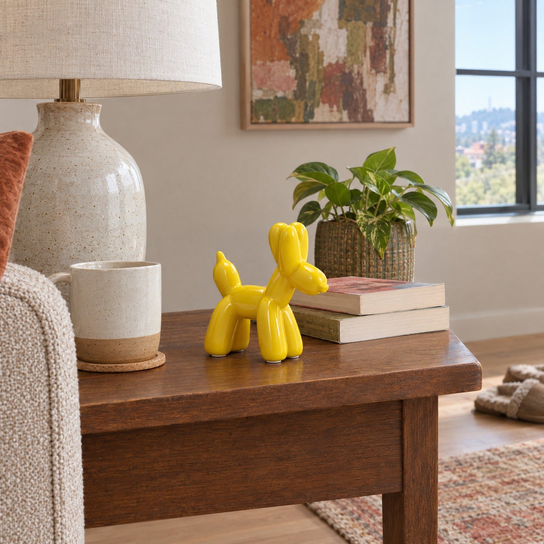 Ceramic Balloon Dog Figurine 7", Yellow styled in a Portland living room - Whats New Furniture