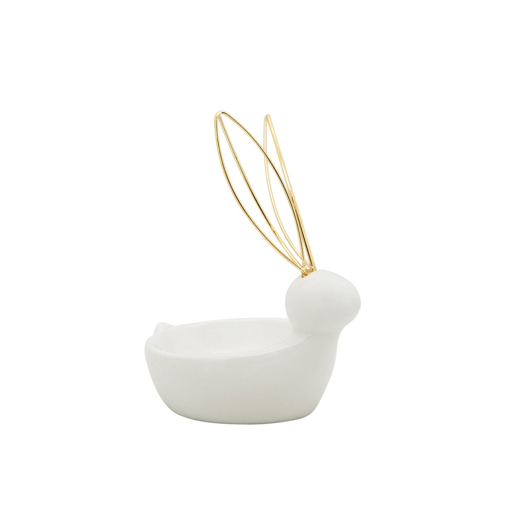 Ceramic Bunny Trinket Dish 6", White &amp; Gold front view - trinket dish by Sagebrook Home - Whats New Furniture Portland OR