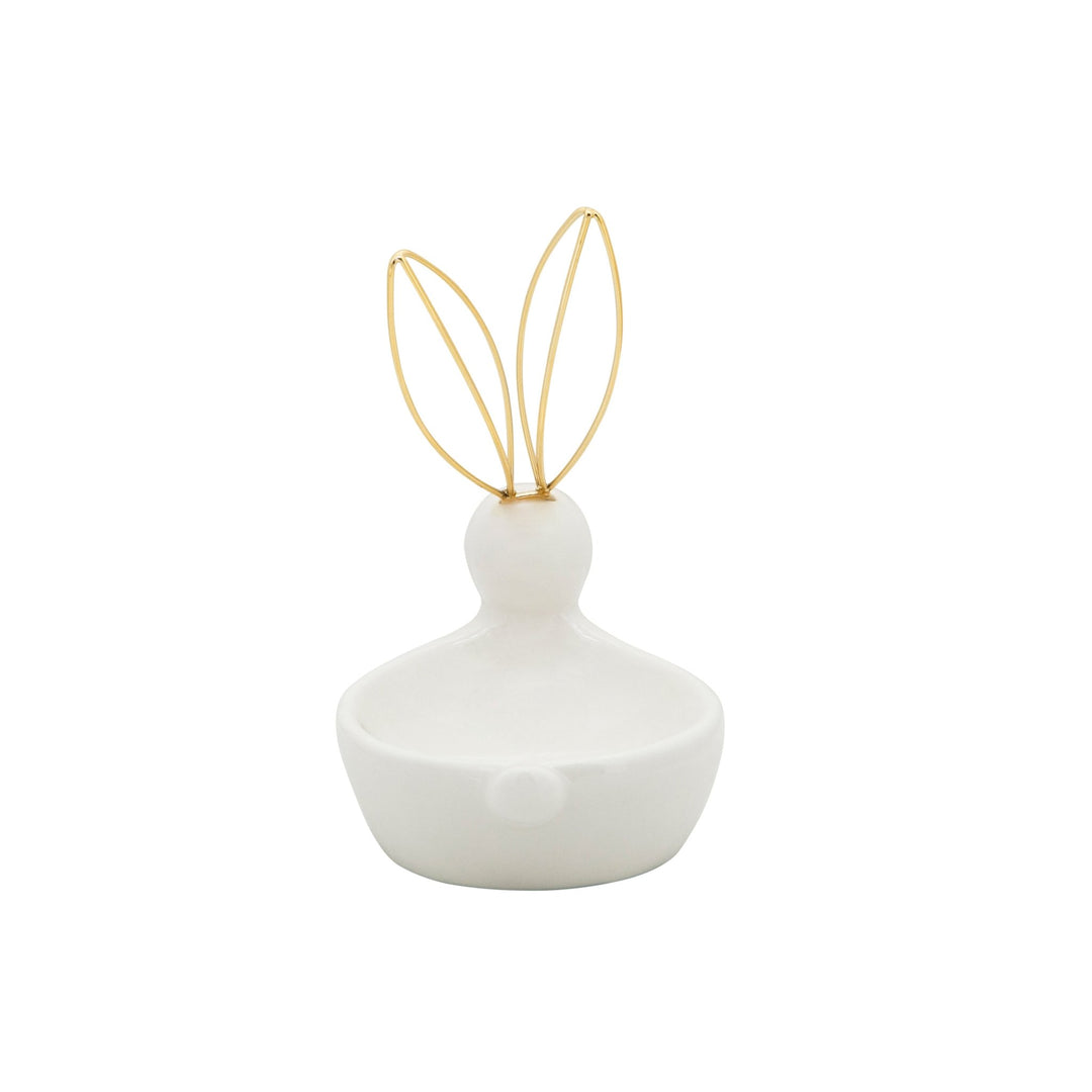 Ceramic Bunny Trinket Dish 6", White &amp; Gold head-on view - trinket dish by Sagebrook Home - Whats New Furniture Portland OR