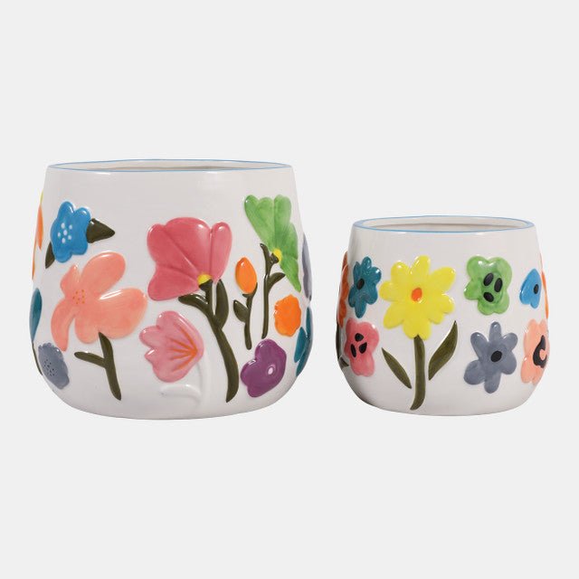 Floral Embossed Planters detail view - Whats New Furniture Portland OR