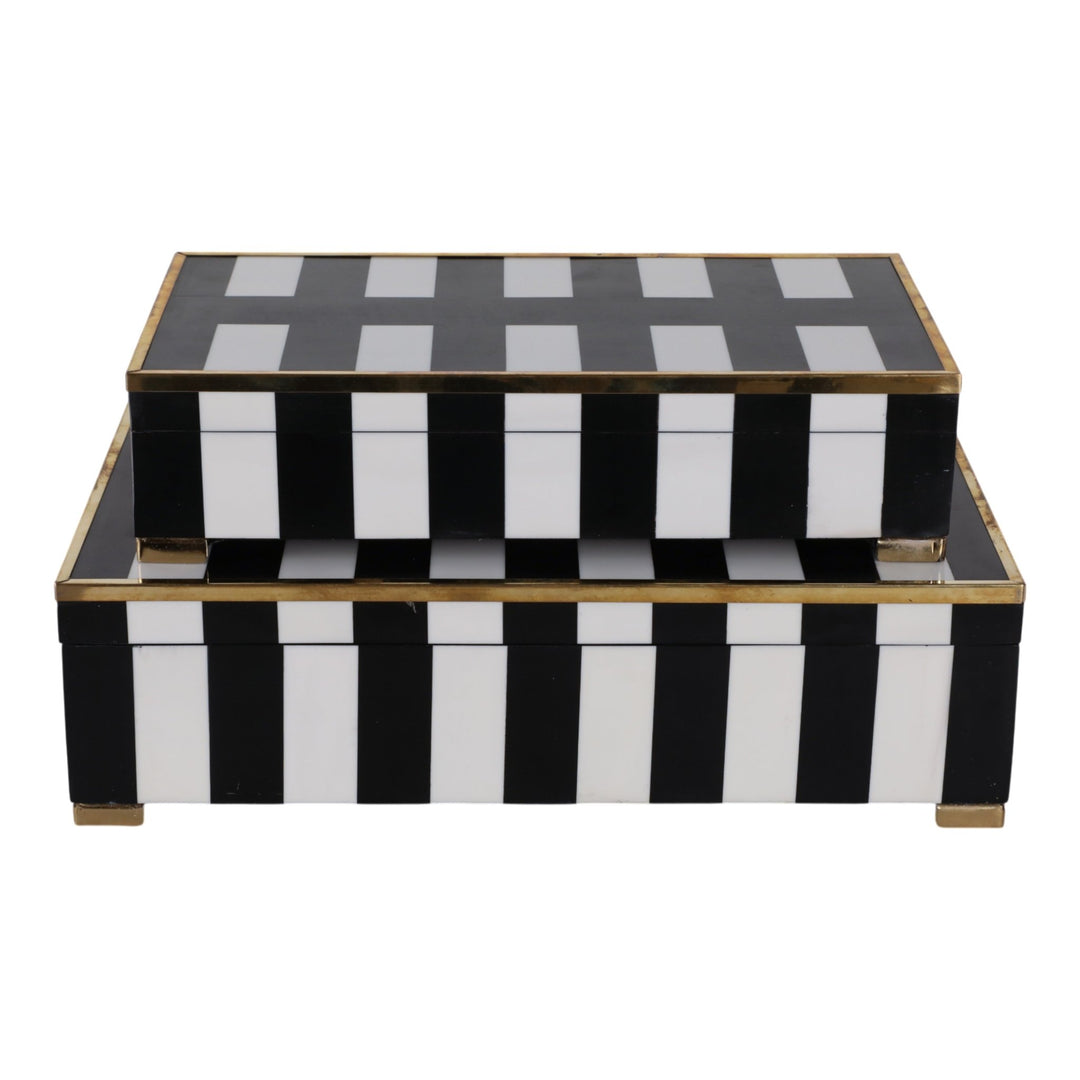 Black and white stripe footed boxes with gold feet set of 2 - Sagebrook Home - Whats New Furniture Portland OR