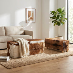 Hair on hide benches styled in a living room with a jute rug - Whats New Furniture
