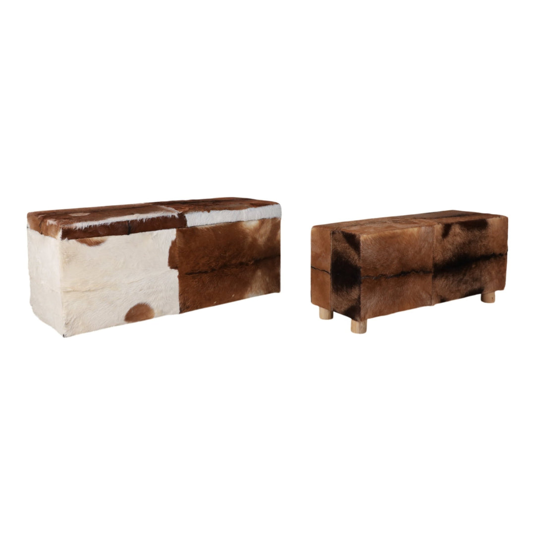 Hair on hide storage bench set of 2 in brown and white cowhide - bench by Sagebrook Home - Whats New Furniture Portland OR