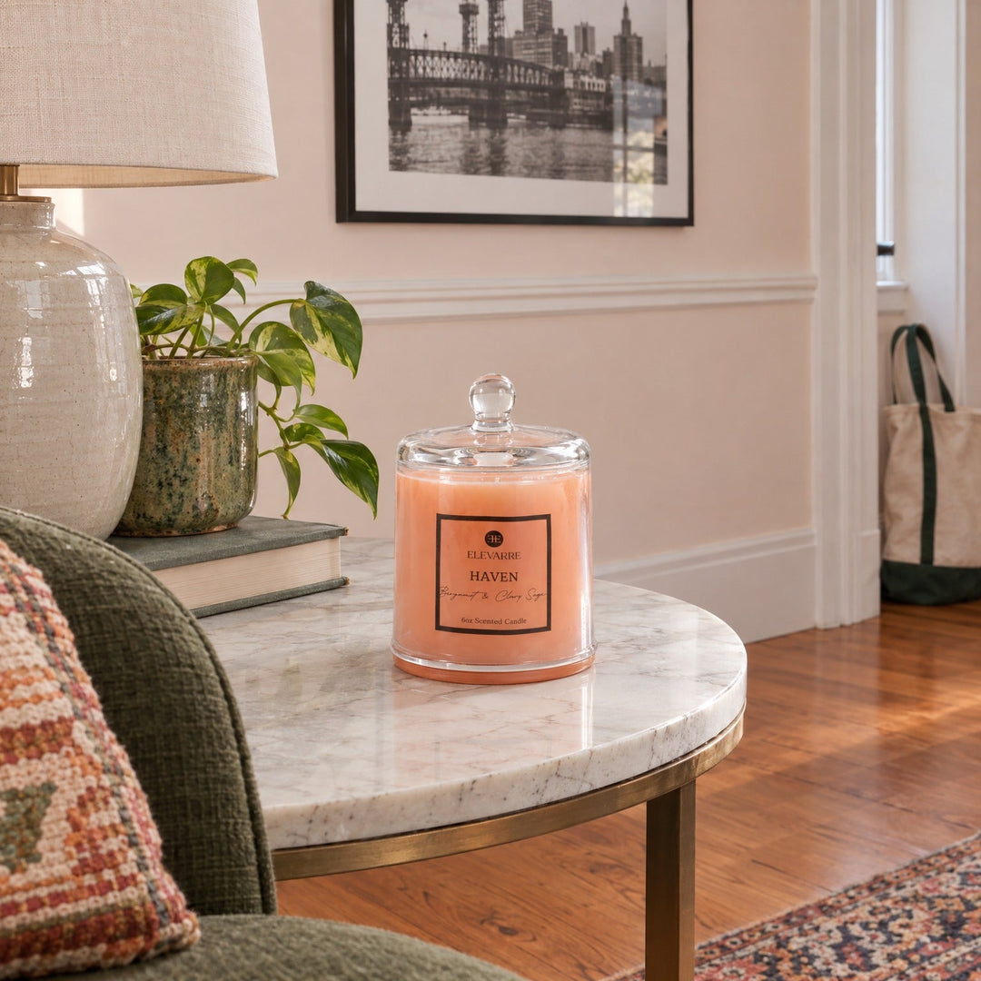 Haven Bergamot &amp; Clary Sage Cloche Candle, 6 oz styled in a Portland living room - Whats New Furniture