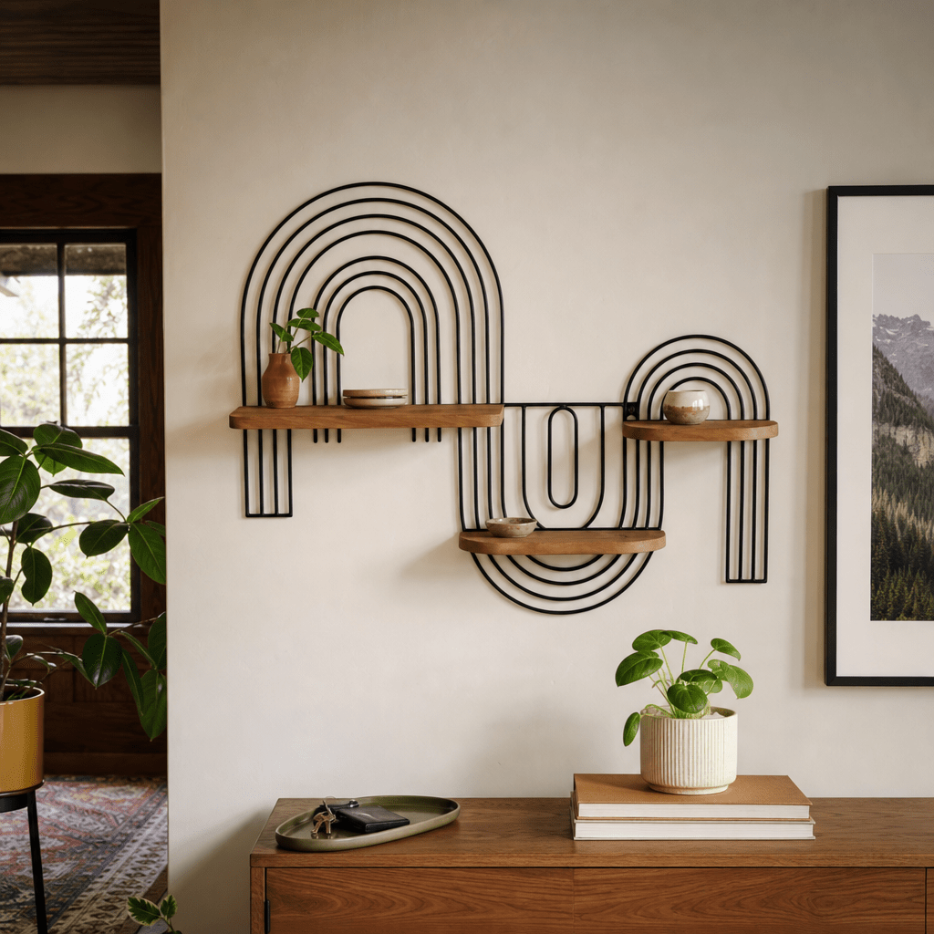Loopy black metal wall shelf styled in a Portland entryway - Whats New Furniture