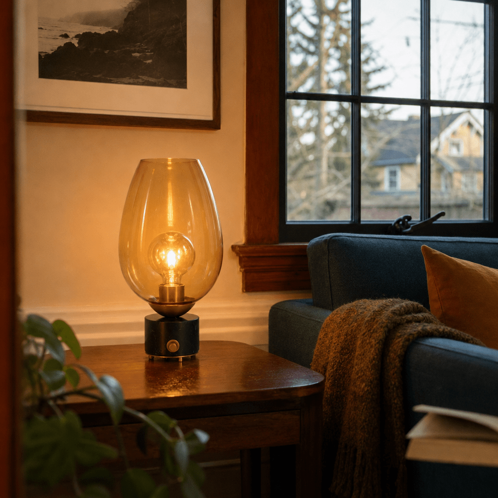 Mikeno amber glass table lamp glowing in a Portland living room - Whats New Furniture