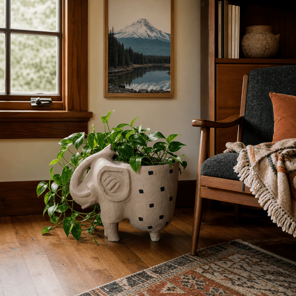 Ivory elephant planter styled in a Portland entryway - Whats New Furniture