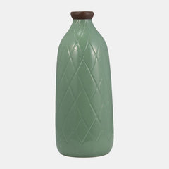 Plaid Textured Vase, dark sage ceramic bottle with embossed diamond lattice detail view 1 - Whats New Furniture Portland OR