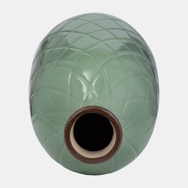 Plaid Textured Vase, dark sage ceramic bottle with embossed diamond lattice detail view 5 - Whats New Furniture Portland OR