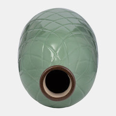 Plaid Textured Vase, dark sage ceramic bottle with embossed diamond lattice detail view 5 - Whats New Furniture Portland OR