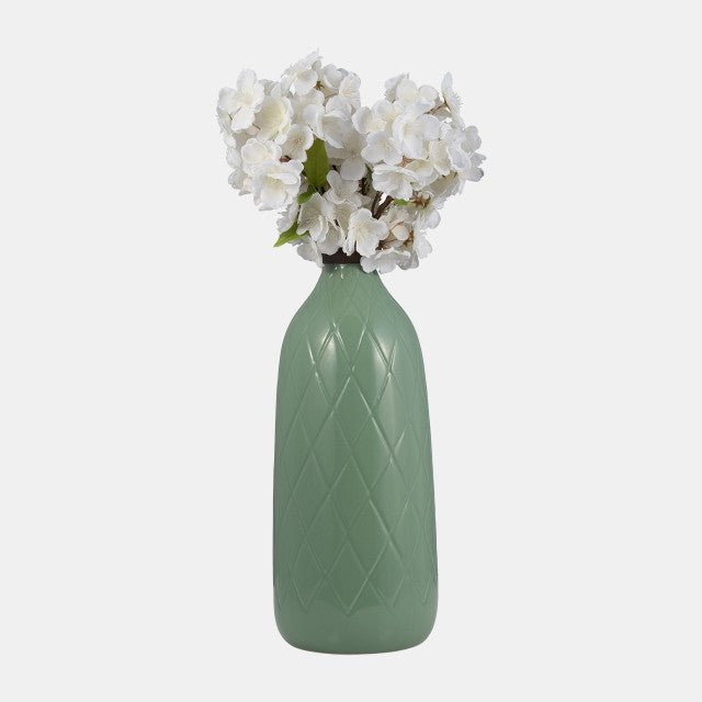 Plaid Textured Vase, dark sage ceramic bottle with embossed diamond lattice detail view 2 - Whats New Furniture Portland OR