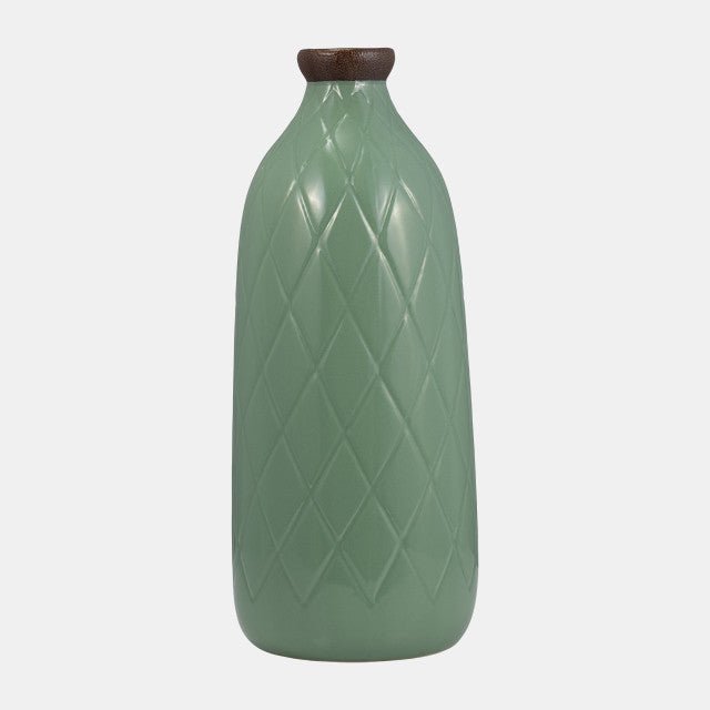 Plaid Textured Vase, dark sage ceramic bottle with embossed diamond lattice - Whats New Furniture Portland OR