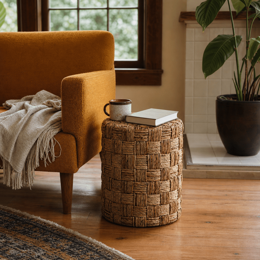 Pulap woven banana leaf stool styled in a Portland living room - Whats New Furniture