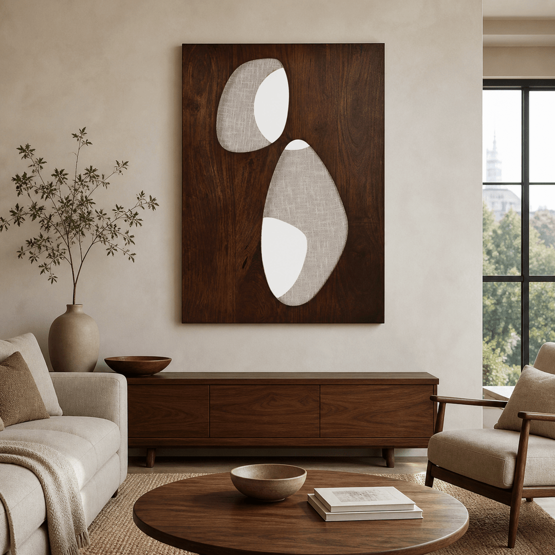 Reidpark mixed-media wall art styled vertically in a warm modern living room