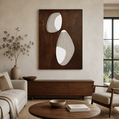 Reidpark mixed-media wall art styled vertically in a warm modern living room
