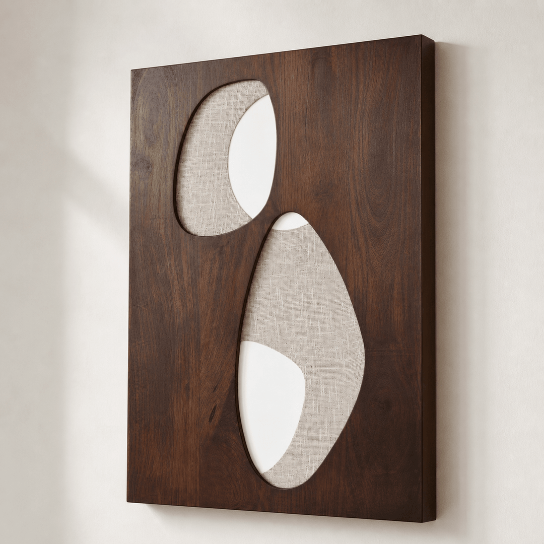 Reidpark wood and fabric mixed-media wall art angled detail showing layered texture