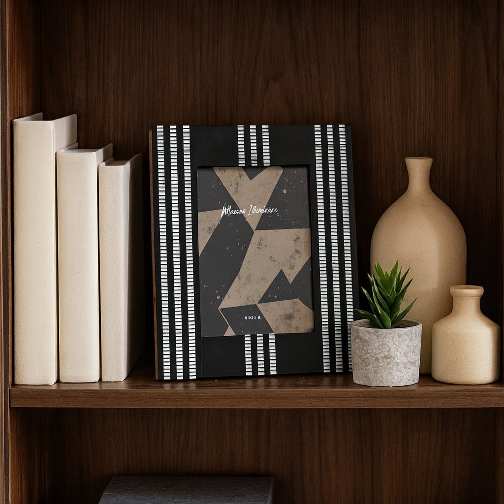 Ridged Stripes Photo Frame 5x7 styled shelf view - picture frame by Sagebrook Home - Whats New Furniture Portland OR